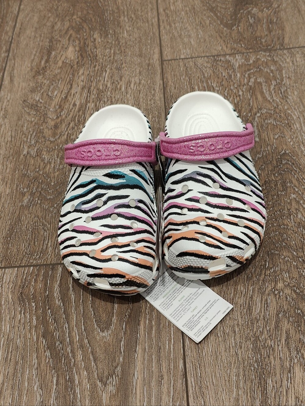 CROCS Kids White Clogs with Pink Strap and Multicolor Zebra Stripes